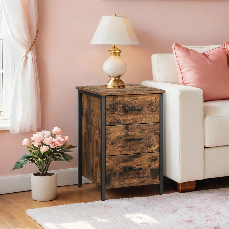 Rustic Industrial Nightstand with 3 Drawers for Bedroom or Living Room in Brown and Black by Vasagle