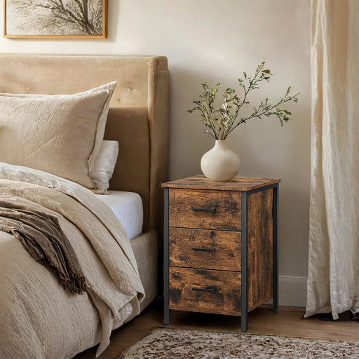 Rustic Industrial Nightstand with 3 Drawers for Bedroom or Living Room in Brown and Black by Vasagle