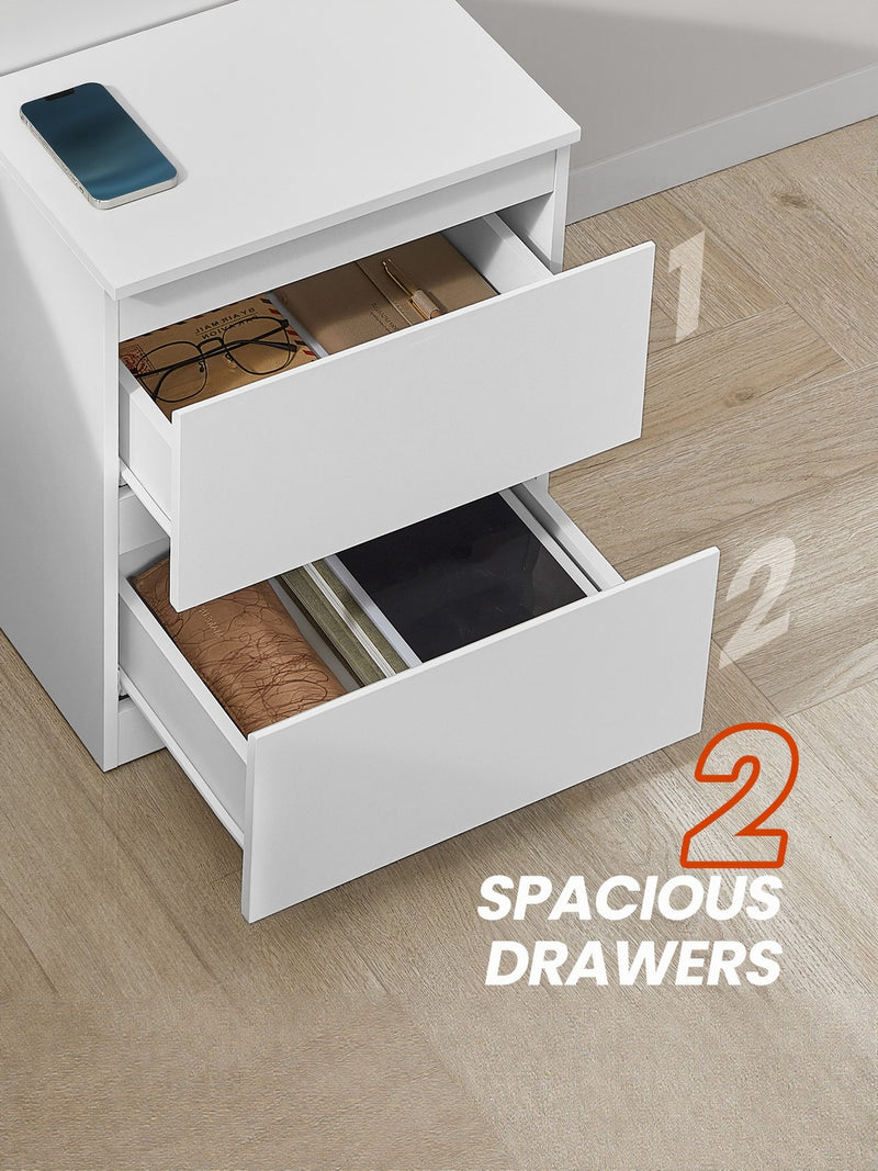 White Bedside Table with 2 Drawers and Built In USB Charging Station for Bedroom Organisation by Vasagle, 35 x 40 x 49 cm