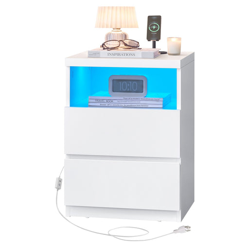 White Bedside Table with LED Lights and 2 Drawers for Bedroom or Lounge by Vasagle, 40 x 40 x 50 cm