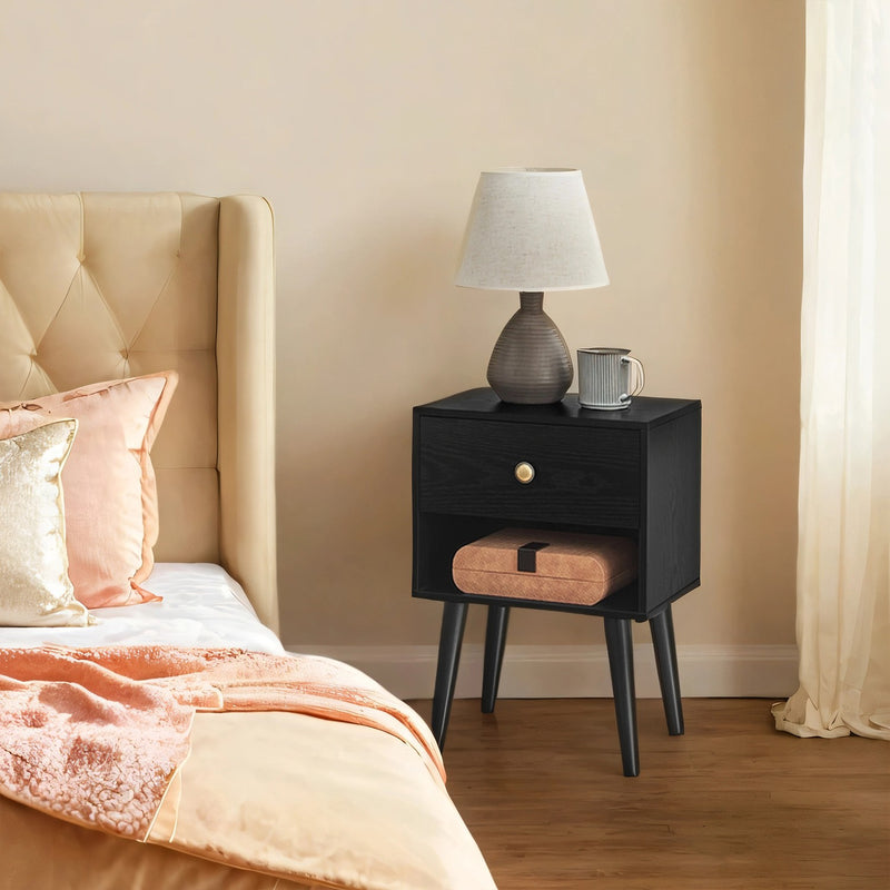 Bedside Table with Drawer and Open Shelf Solid Wood Legs for Bedroom Storage by Vasagle