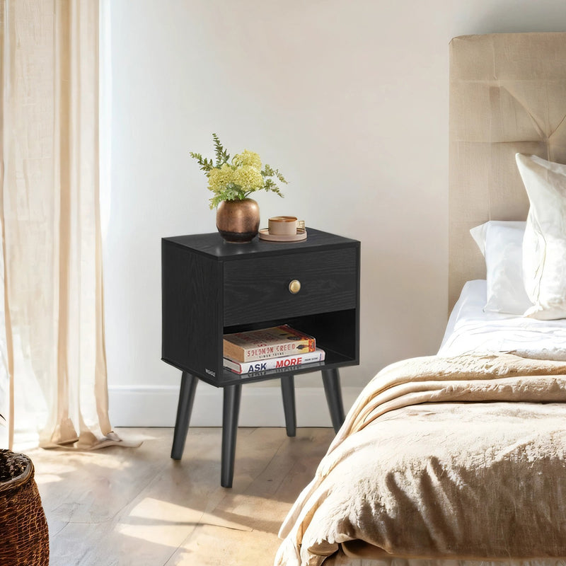 Bedside Table with Drawer and Open Shelf Solid Wood Legs for Bedroom Storage by Vasagle