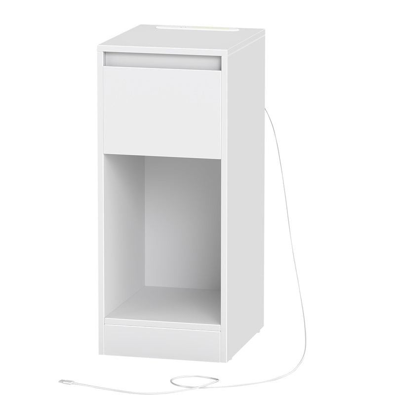 Set of 2 Bedside Tables with USB Charging Power Outlets LED Lights and Space Saving Design, White
