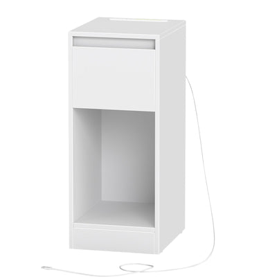 Set of 2 Bedside Tables with USB Charging Power Outlets LED Lights and Space Saving Design, White