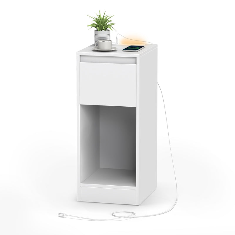 Set of 2 Bedside Tables with USB Charging Power Outlets LED Lights and Space Saving Design, White