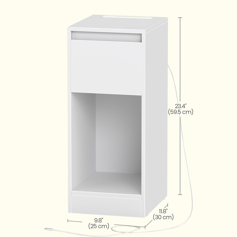 Set of 2 Bedside Tables with USB Charging Power Outlets LED Lights and Space Saving Design, White