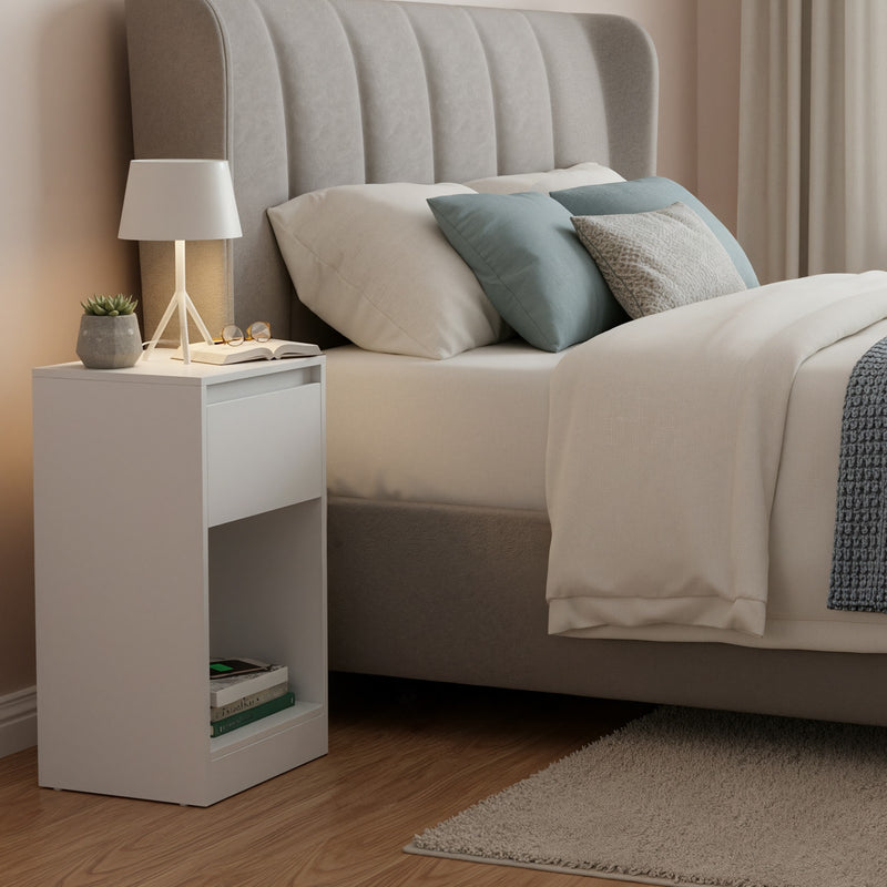 Set of 2 Bedside Tables with USB Charging Power Outlets LED Lights and Space Saving Design, White