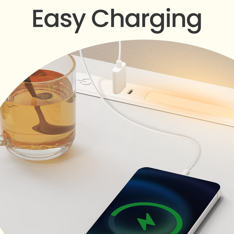 Set of 2 Bedside Tables with USB Charging Power Outlets LED Lights and Space Saving Design, White