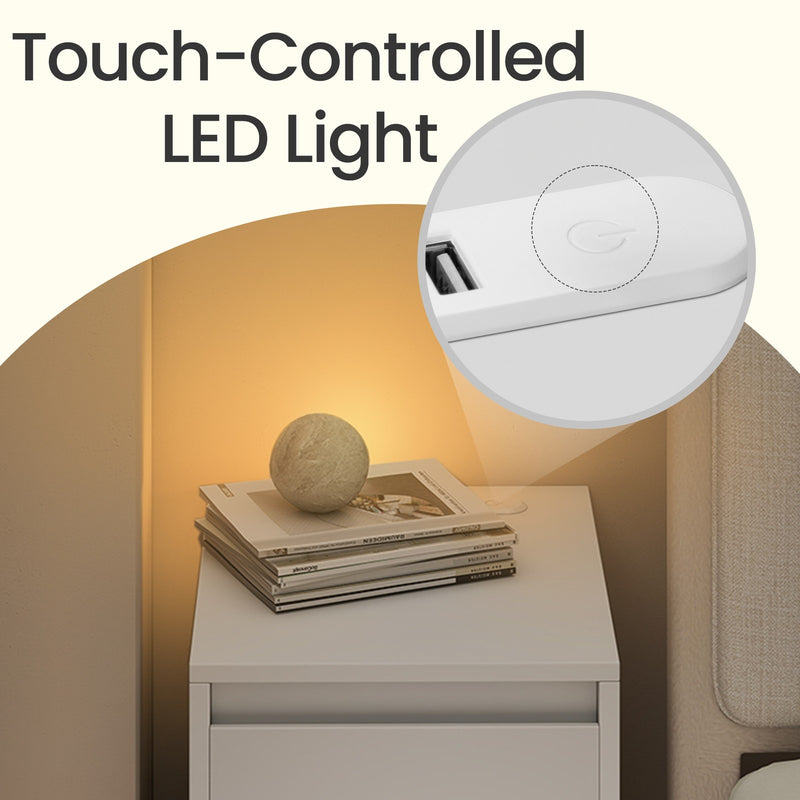 Set of 2 Bedside Tables with USB Charging Power Outlets LED Lights and Space Saving Design, White