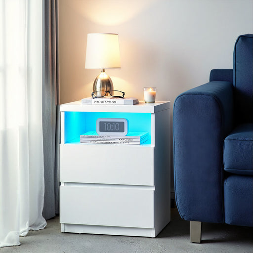 Bedside Tables with LED Light Set of 2 With 2 Storage Drawers and Shelf