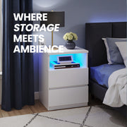 Bedside Tables with LED Light Set of 2 With 2 Storage Drawers and Shelf