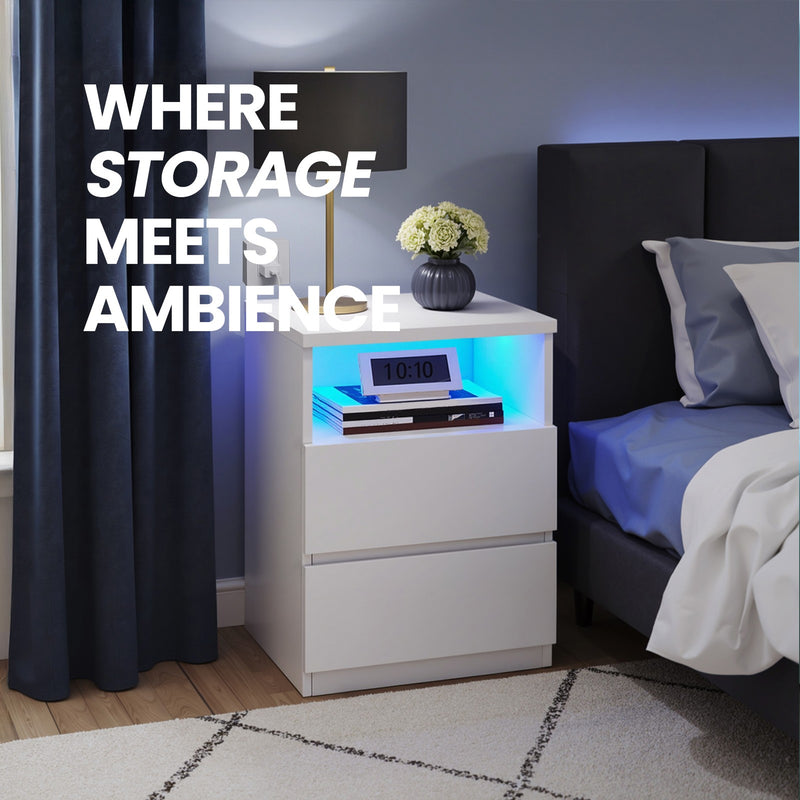 Bedside Tables with LED Light Set of 2 With 2 Storage Drawers and Shelf