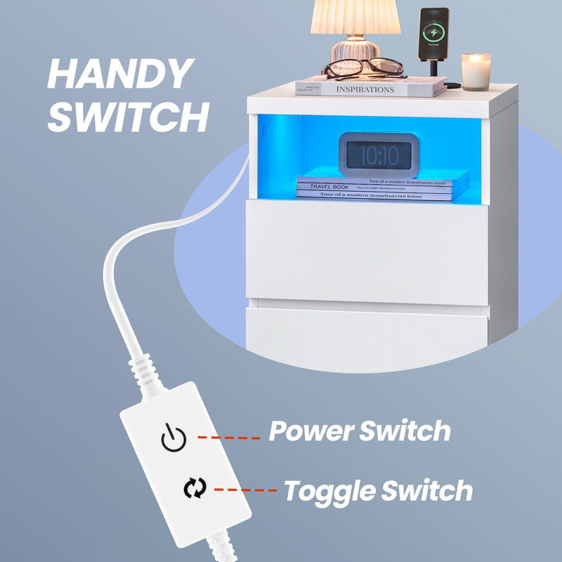 Bedside Tables with LED Light Set of 2 With 2 Storage Drawers and Shelf