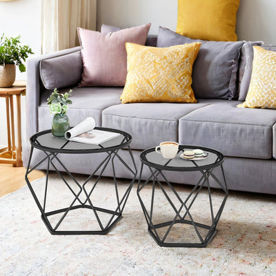 Small Round Coffee Table Set of 2 with Steel Frame for Modern Living Room by Vasagle