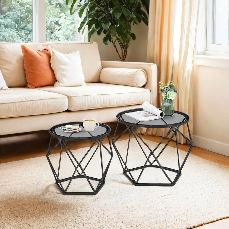 Small Round Coffee Table Set of 2 with Steel Frame for Modern Living Room by Vasagle