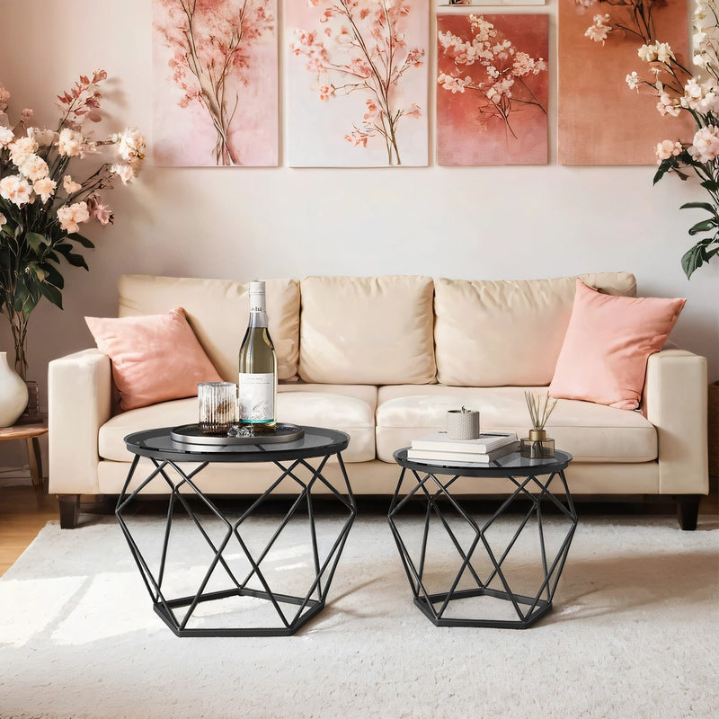 Small Round Coffee Table Set of 2 with Steel Frame for Modern Living Room by Vasagle