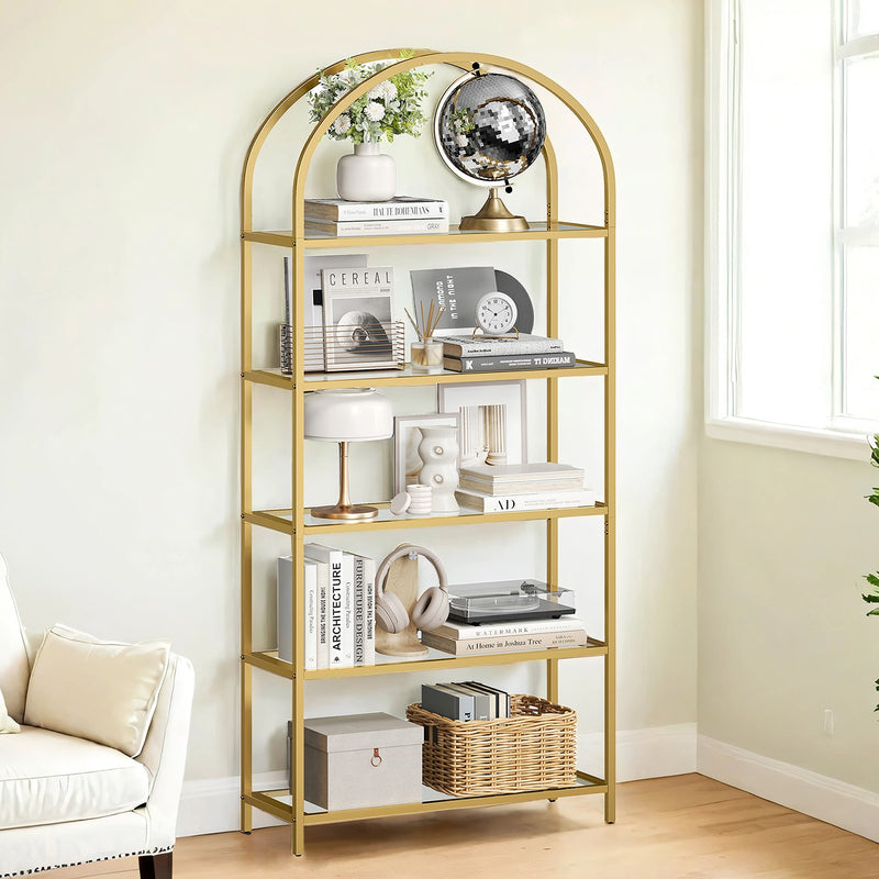 5 Tier Glass Display Shelf with Steel Frame and Arch Design Bookcase by Vasagle
