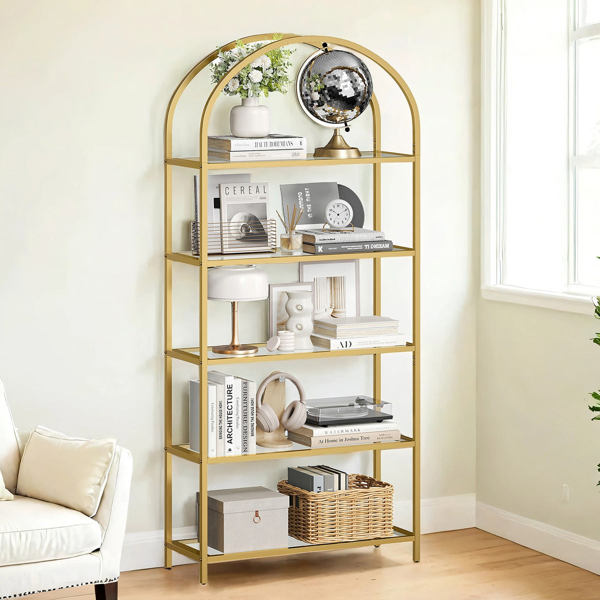 Vasagle 5 Tier Glass Display Shelf With Gold Steel Frame 83x30x183.5cm ...