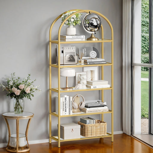 5 Tier Glass Display Shelf with Steel Frame and Arch Design Bookcase by Vasagle