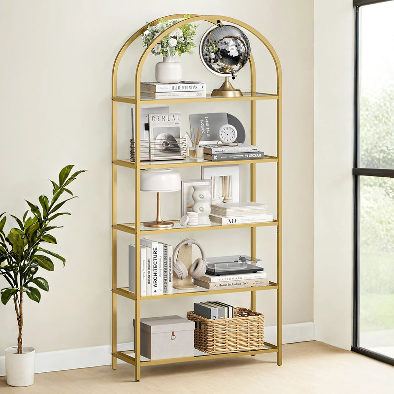 5 Tier Glass Display Shelf with Steel Frame and Arch Design Bookcase by Vasagle