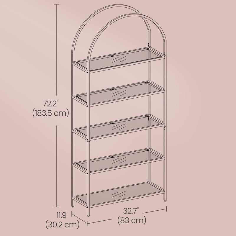 5 Tier Glass Display Shelf with Steel Frame and Arch Design Bookcase by Vasagle