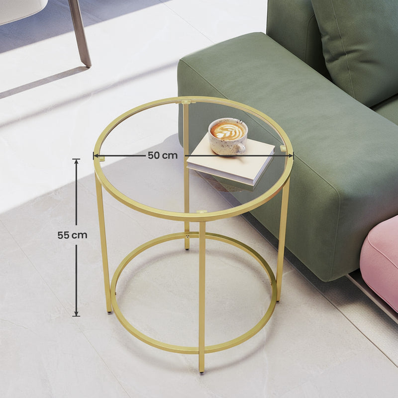 Vasagle Round Glass Side Table with Sturdy Gold Metal Frame for Living Room or Bedroom VASAGLE