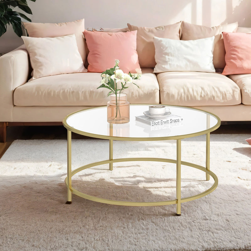 Gold Round Glass Coffee Table with Metal Frame for Modern Living Room by Vasagle