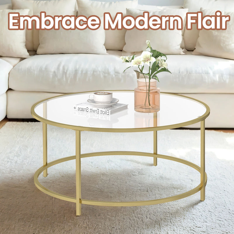 Gold Round Glass Coffee Table with Metal Frame for Modern Living Room by Vasagle
