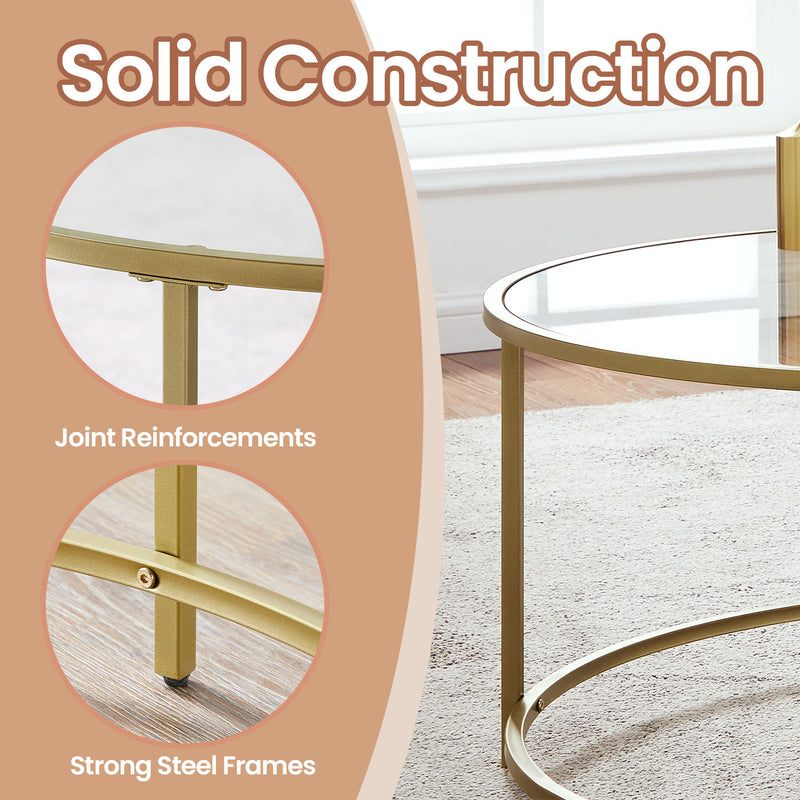 Gold Round Glass Coffee Table with Metal Frame for Modern Living Room by Vasagle