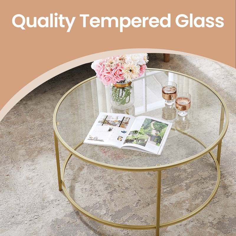 Gold Round Glass Coffee Table with Metal Frame for Modern Living Room by Vasagle
