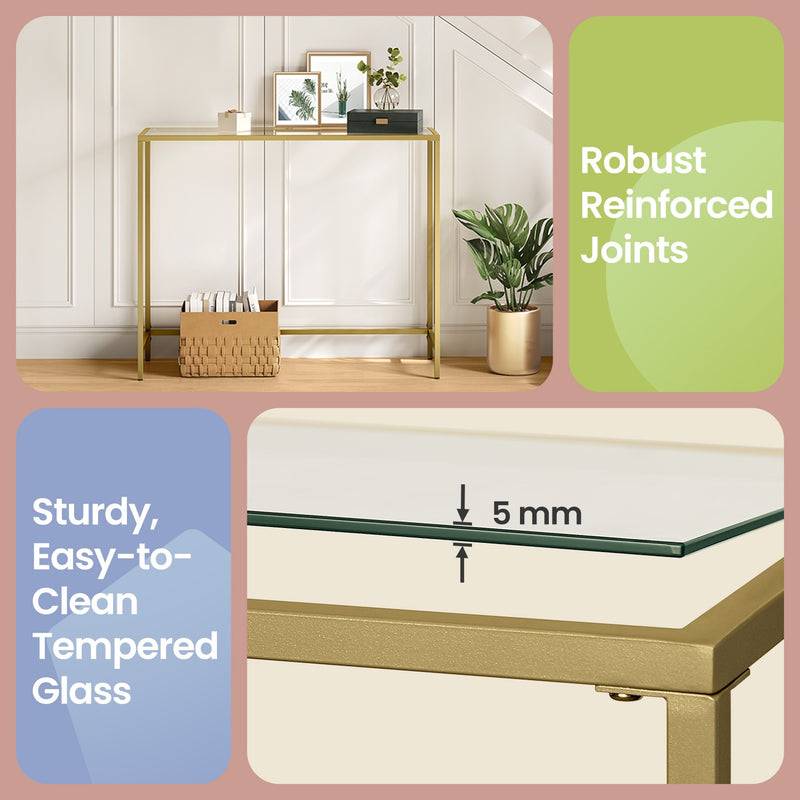 Glass Console Hallway Table with Tempered Glass Top and Gold Metal Frame for Hallway or Lounge by Vasagle, 100x35cm