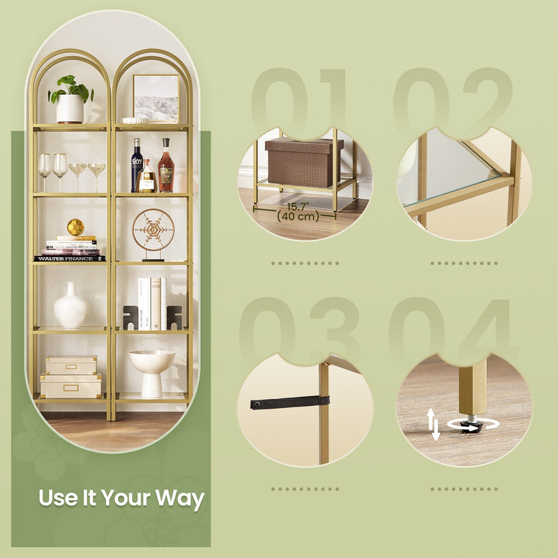 5 Tier Glass Display Shelf with Steel Frame and Arch Design for Living Room by Vasagle