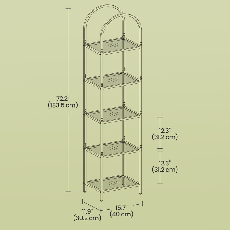 5 Tier Glass Display Shelf with Steel Frame and Arch Design for Living Room by Vasagle