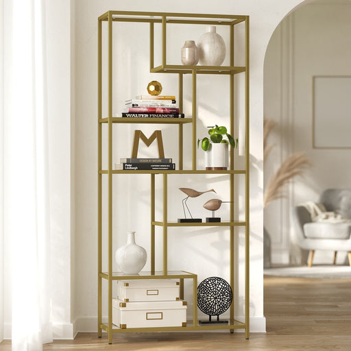 Tall Bookcase Display Shelf With Gold Frame and 6 Glass Shelves for Living Room or Office Storage by Vasagle, 