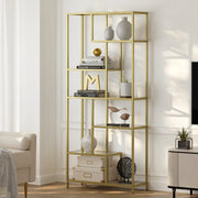 Tall Bookcase Display Shelf With Gold Frame and 6 Glass Shelves for Living Room or Office Storage by Vasagle, 