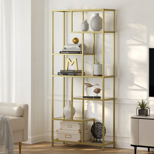 Tall Bookcase Display Shelf With Gold Frame and 6 Glass Shelves for Living Room or Office Storage by Vasagle, 