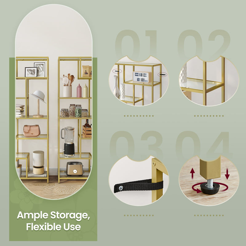 Tall Bookcase Display Shelf With Gold Frame and 6 Glass Shelves for Living Room or Office Storage by Vasagle, 