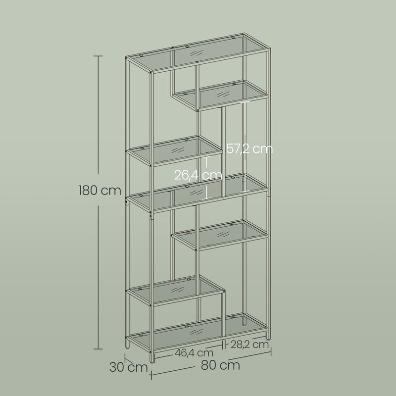 Tall Bookcase Display Shelf With Gold Frame and 6 Glass Shelves for Living Room or Office Storage by Vasagle, 