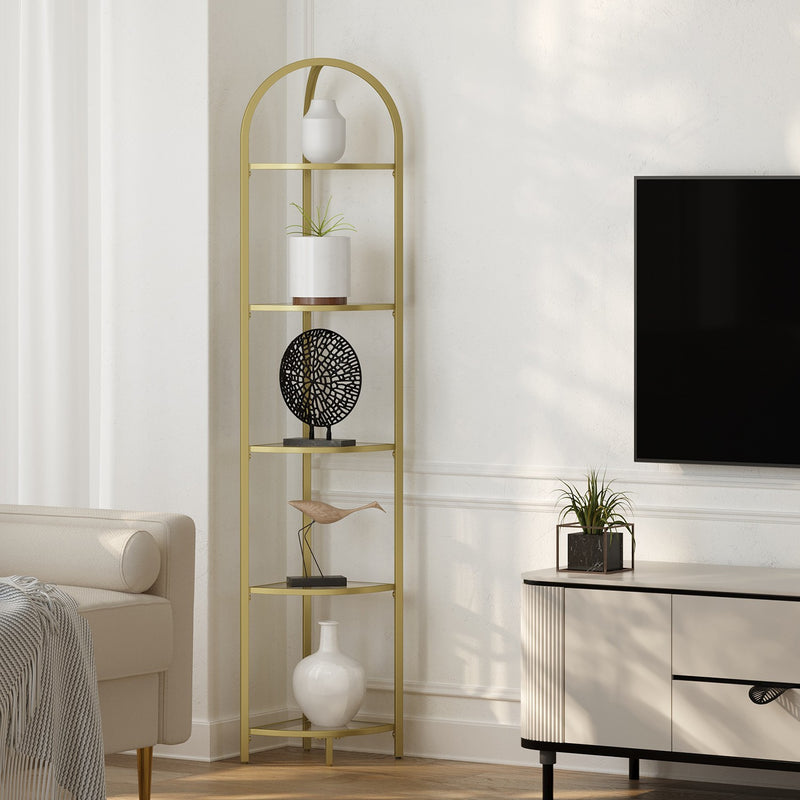 Corner Shelf Unit With Gold Frame and 5 Glass Shelves - Space Saving For Living Room Storage by Vasagle