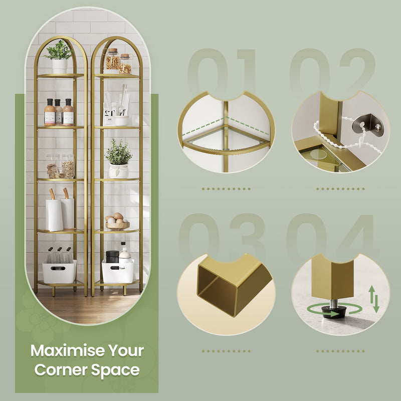 Corner Shelf Unit With Gold Frame and 5 Glass Shelves - Space Saving For Living Room Storage by Vasagle