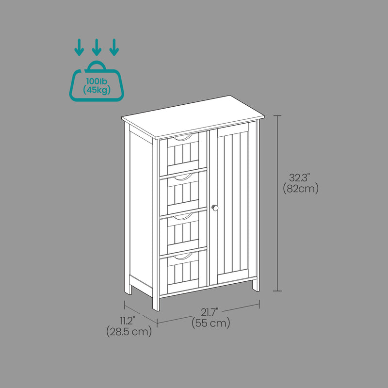 Black Free Standing Bathroom Storage Cabinet with 4 Drawers and Door Floor Unit by Vasagle, 30x55x82cm