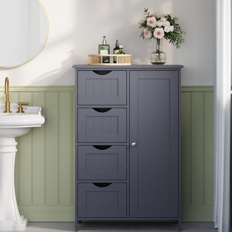 Freestanding Bathroom Storage Cabinet with 4 Drawers and Door Grey Wood Unit by Vasagle,  28.5x55x82cm