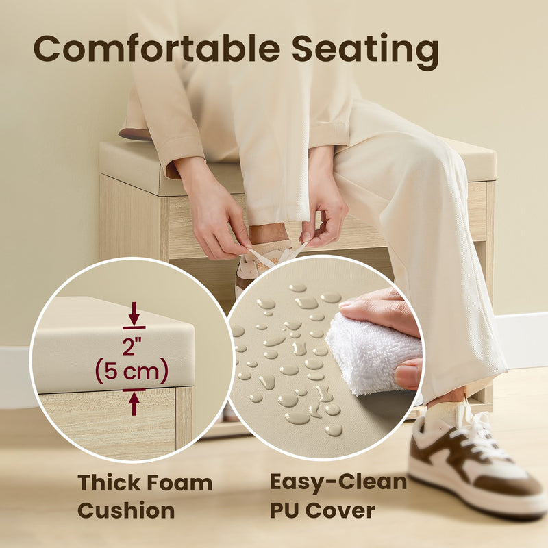 Shoe Storage Bench with Cushion and 3 Compartments for Entryway in Natural Beige by Vasagle