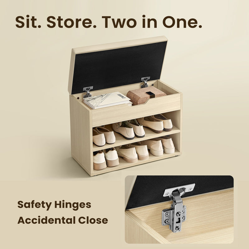 Shoe Storage Bench with Cushion and 3 Compartments for Entryway in Natural Beige by Vasagle