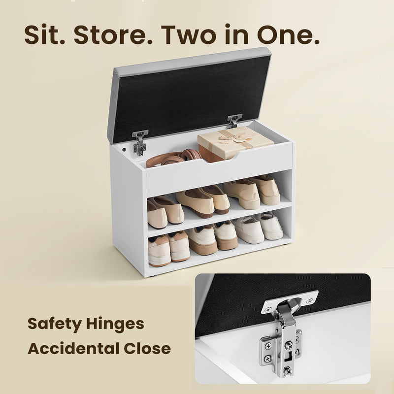 White Shoe Storage Bench with Cushion and 3 Compartments for Entryway Organisation by Vasagle