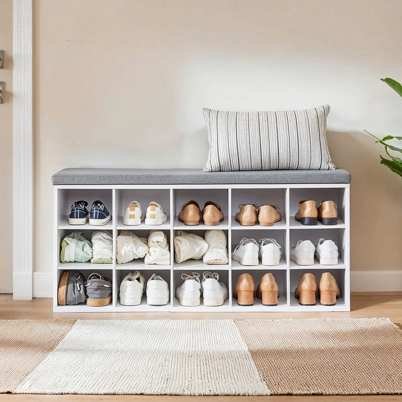White Shoe Storage Bench with Padded Seat & 15 Shoe Slots for Hallway or Bedroom by Vasagle VASAGLE
