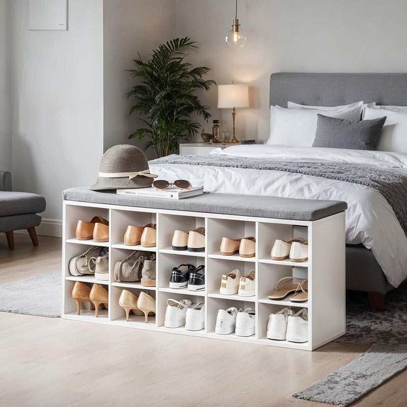 White Shoe Storage Bench with Padded Seat & 15 Shoe Slots for Hallway or Bedroom by Vasagle VASAGLE