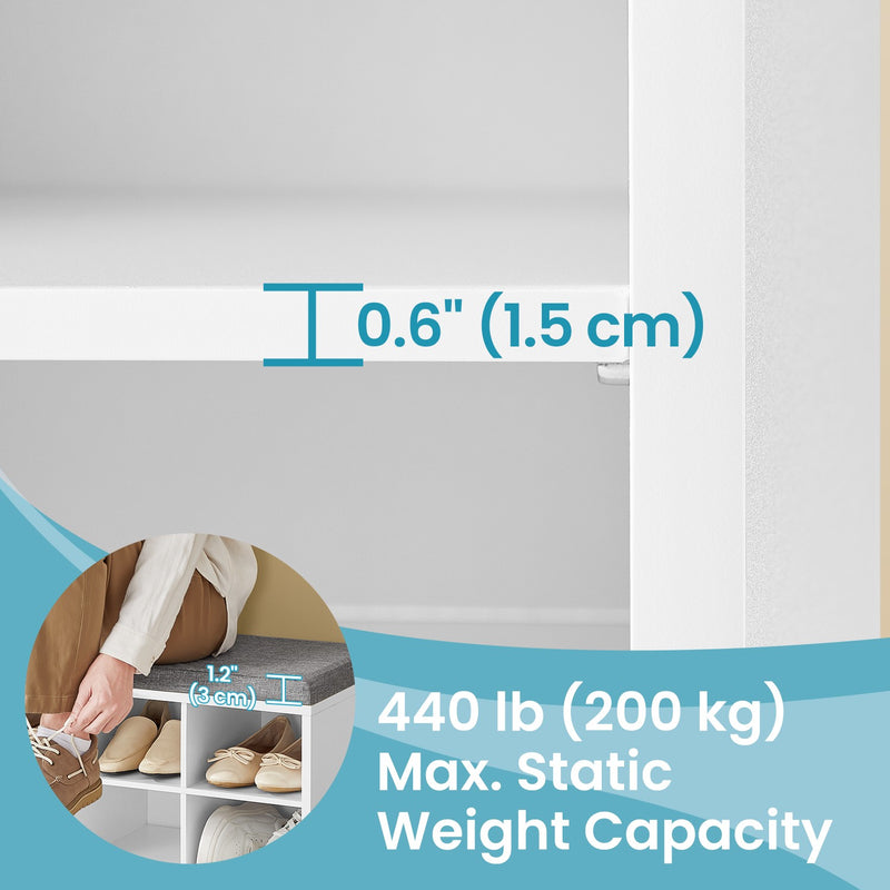 White Shoe Storage Bench with Padded Seat & 15 Shoe Slots for Hallway or Bedroom by Vasagle VASAGLE