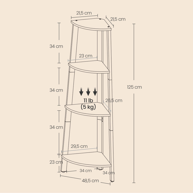 4 Tier Corner Shelf Unit with Steel Frame for Bedroom or Living Room Storage by Vasagle
