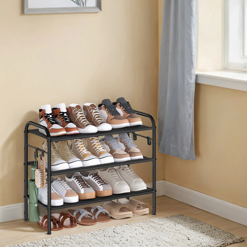 3 Tier Fabric Shoe Rack with Hooks Space Saving Shoe Storage Organiser by Songmics